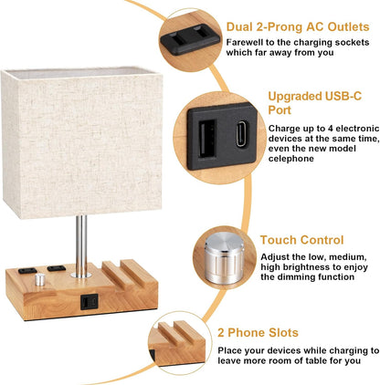 Kakanuo Fully Dimmable Nightstand Lamp for Bedroom with USB C Ports, Grey Small Bedside Table Lamp with Charging Outlets and Phone Stands, Wooden Desk Lamp for Living Room, LED Bulb Included