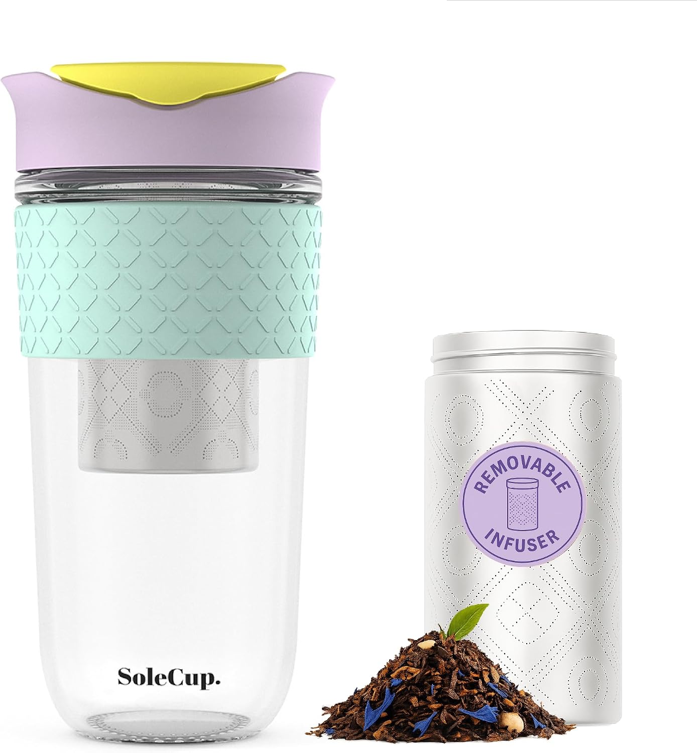 Large Travel Mug Loose Tea Infuser - Detachable Tea Strainer with Spill Proof Lid - 18oz/530ml BPA-Free Reusable Glass Travel Coffee Cup with Silicone Band (Ice Cream, 18oz)