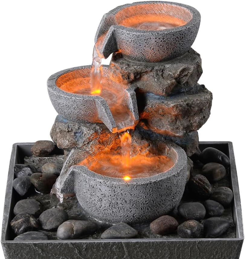 Haobos Decorative Indoor Fountain 3-Bowl Rockery Soothing Sound Tabletop Fountains Home/Office Decor with Led Light/Some Cobblestones(1556A)