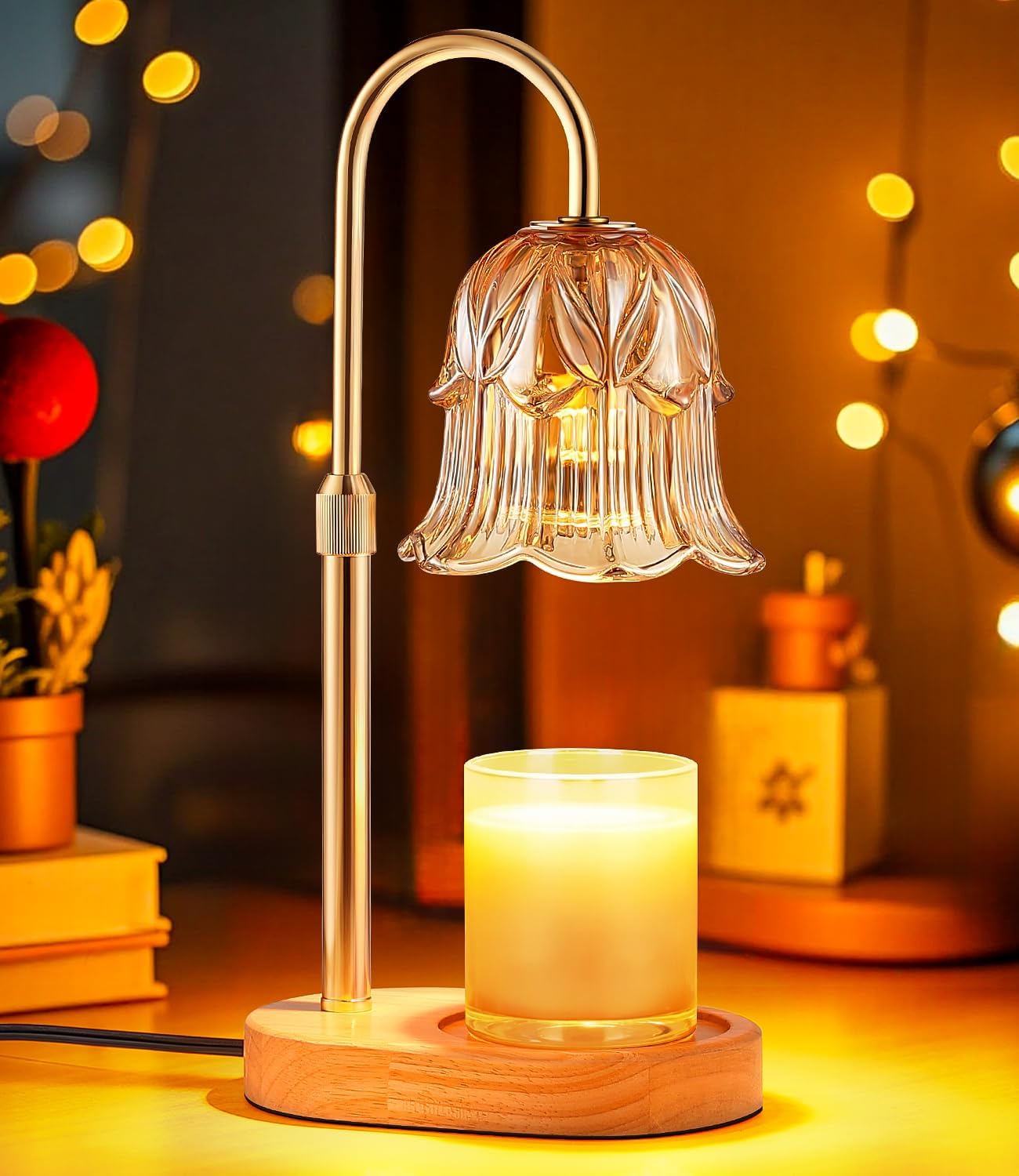 Candle Warmer Lamp Adjustable Timer - Electric Flower Glass Candles Warmers Adjustable Height Dimmable Vintage Base Modern Wax Candles Top Warmers for Small Jar Scented Wax Melts