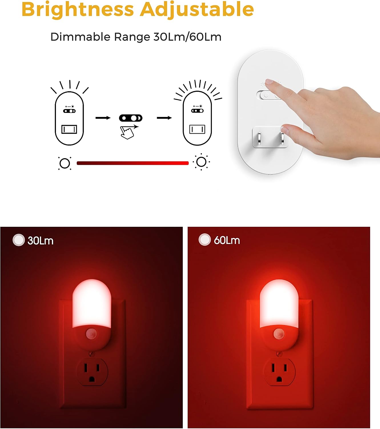 L LOHAS LED Amber Night Light, 2 Pack, Night Lights Plug into Wall Motion Sensor, 0.6W 2000K, LED Nightlights, 30/60LM Adjustable Brightness, Automatic Low Blue Nightlight for Kids, Bathroom, Hallway