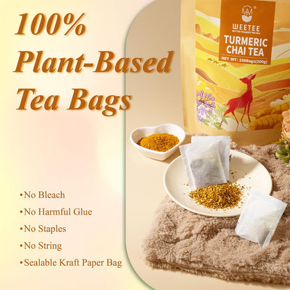 WT WEETEE Turmeric Chai Tea Bags 100 Count, Caffeine-Free Ginger Spiced Tea