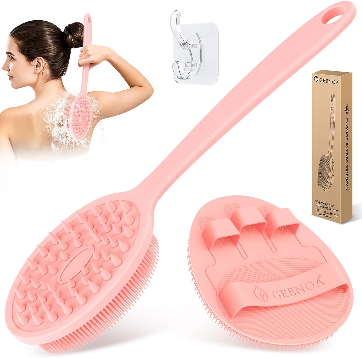 Silicone Back Scrubber & Bath Glove Set 2PCS, 13.4'' Gentle Shower Back Scrubber with Dual-Side Head Non-Slip Handle, 360° Anti-Slip Hand-fit Bath Glove for Rich Foaming Deep Cleaning(Black)