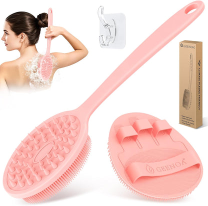 Silicone Back Scrubber & Bath Glove Set 2PCS, 13.4'' Gentle Shower Back Scrubber with Dual-Side Head Non-Slip Handle, 360° Anti-Slip Hand-fit Bath Glove for Rich Foaming Deep Cleaning(Black)