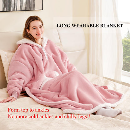 Touchat Wearable Blanket Hoodie, Oversized Sherpa Blanket Sweatshirt with Hood Pocket and Sleeves, Super Soft Warm Plush Hooded Blanket for Adult Women Men, One Size Fits All (Pink)