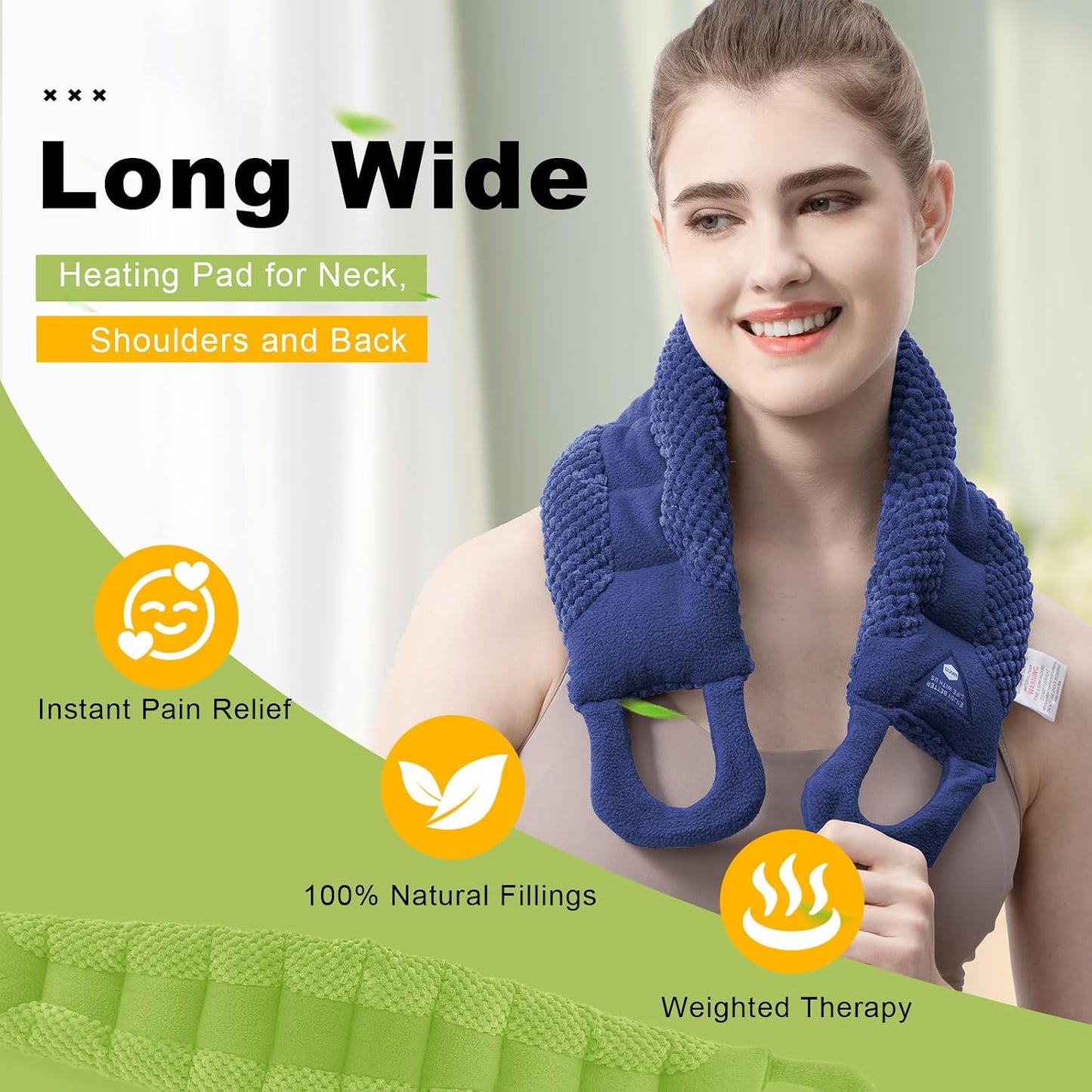 UNCN Long Wide Heating Pad for Neck and Shoulders Back 33x5.9 Microwavable Large Moist Heat Pack Warm Hot Compress Neck Wrap Weighted Bag Massage Reusable Herbal Nature Calming Portable 1.95Pounds