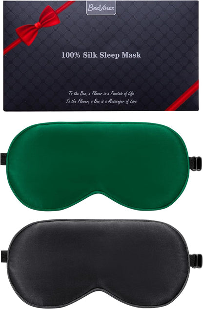 BeeVines 100% Real Mulberry Silk 2 Pack Sleep Mask, Natural Pure Silk Eye Masks with Adjustable Strap for Sleeping, Block Light Eye Sleep Shade Cover, Reduces Puffy Eyes Traveling Gifts