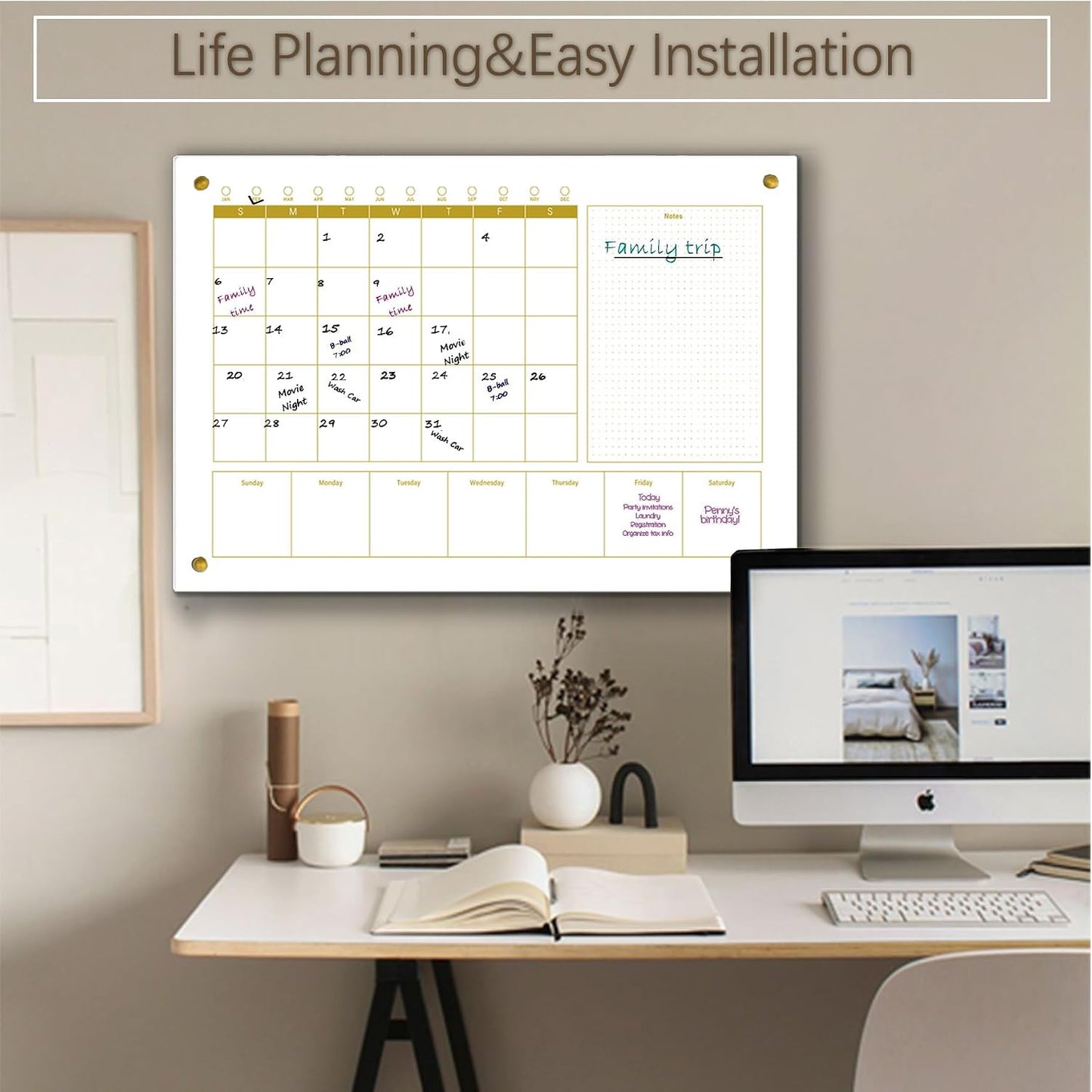 Black Glass 3-1 Monthly Dry Erase Calendar Whiteboard for Wall,24"x 36",Frameless Mounting,Office/School/Home, Frameless Large Planner White Board