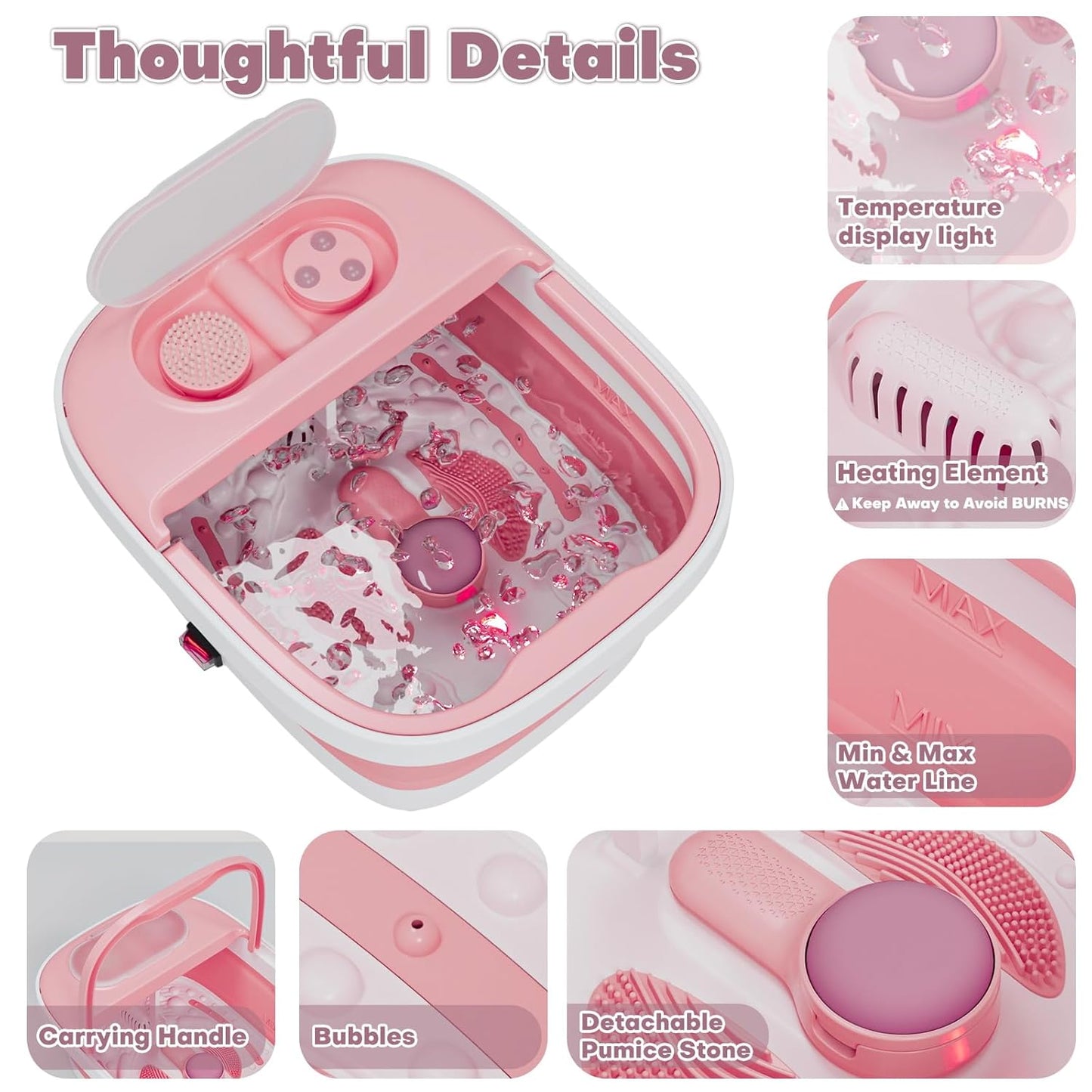 Collapsible Foot Bath, Foot Spa Bath Massager with Heat, Bubble, Remote Control, Temperature Control, 3 Pedicure Attachments, Feet Soaking Tub for Stress Relief