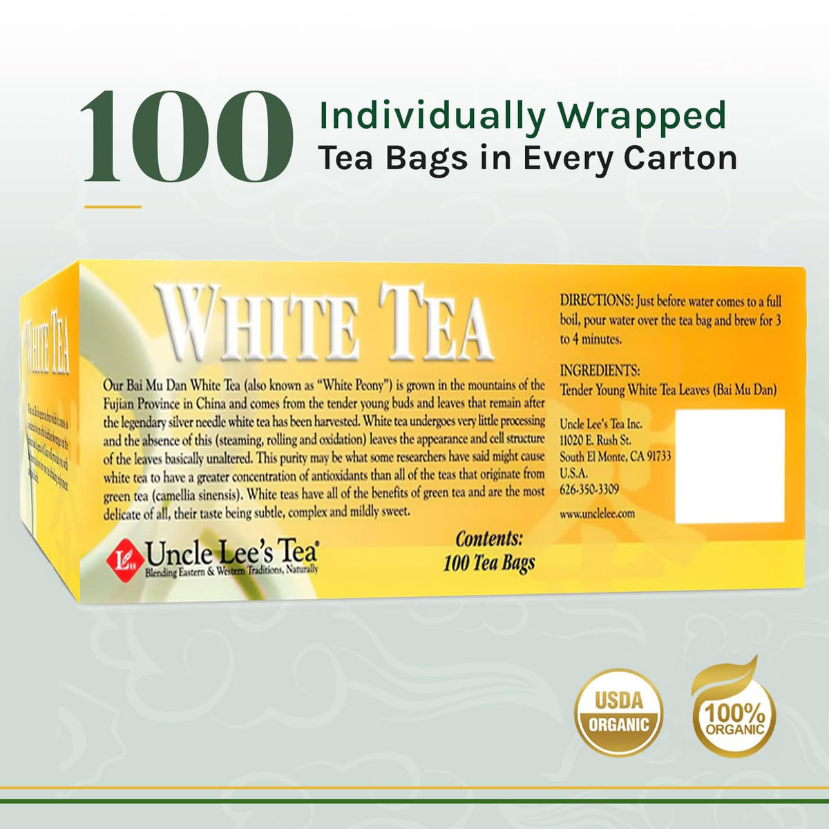 Uncle Lee’s Premium White Tea, Lightly Caffeinated, 100 Count 2-Pack– Antioxidant-Rich Bai Mu Dan in Individually Wrapped Tea Bags, 5.29 Oz Ea