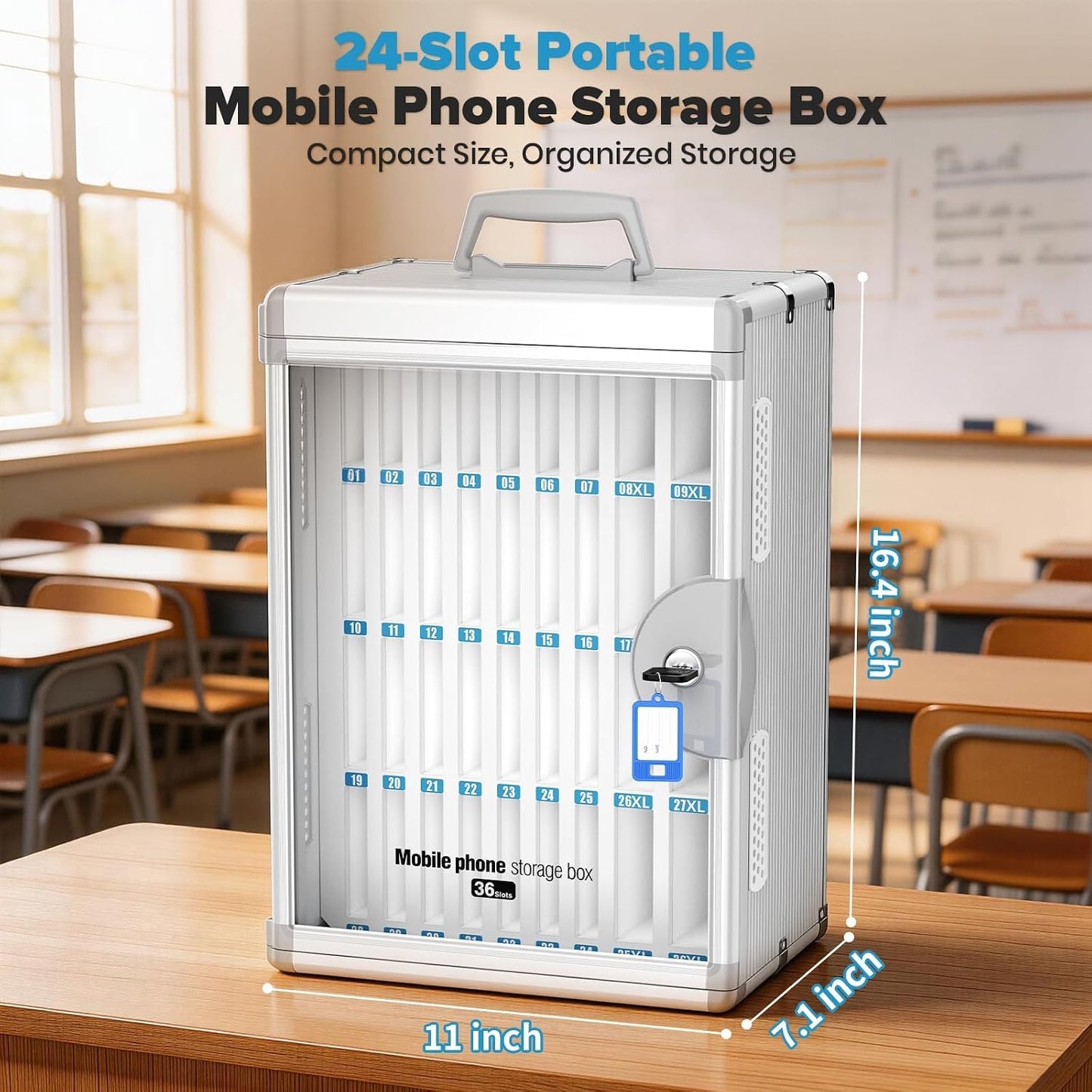 24 Slots Cell Phone Locker, Classroom Phone Storage Cabinet with Key, 【Wall Mounted】 【Aluminum Alloy】 Phone Lock Box, Mobile Phone Lockbox with Handle for School Office Exam(Silver)