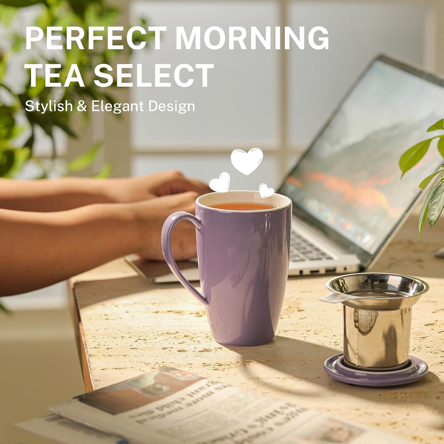 Sweese 15oz Porcelain Tea Mug with Infuser and Lid – Microwave Safe, Ergonomic Handle, Lead-Free Glaze, for Loose Leaf Tea