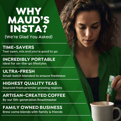 Maud's Instant Matcha Latte Mix, Flavored Drink Mix 10 Servings, 100% Gourmet Blended Tea Leaves, Hot Or Iced Matcha Latte - Just Add Water