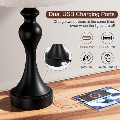 Touch Lamps for Nightstand, 3 Way Dimmable Bedside Lamps with USB C+A Ports