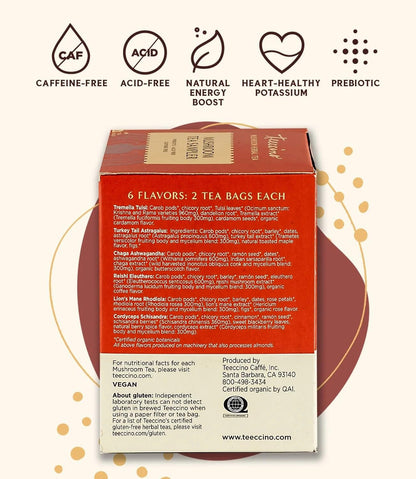 Teeccino Mushroom Herbal Tea - Mushroom Adaptogen Tea Sampler - 12 Tea Bags - Support Your Health With Mushrooms and Adaptogenic Herbs, Prebiotic, Caffeine Free, Acid Free