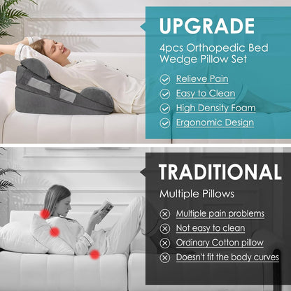 3Pcs Wedge Pillow Set for After Surgery,Acid Reflux Relief, Adjustable Bed Wedge Pillows for Sleeping,Anti Snore, Memory Foam Triangle Pillow for Back&Neck&Shoulder Pain Relief, White&Grey