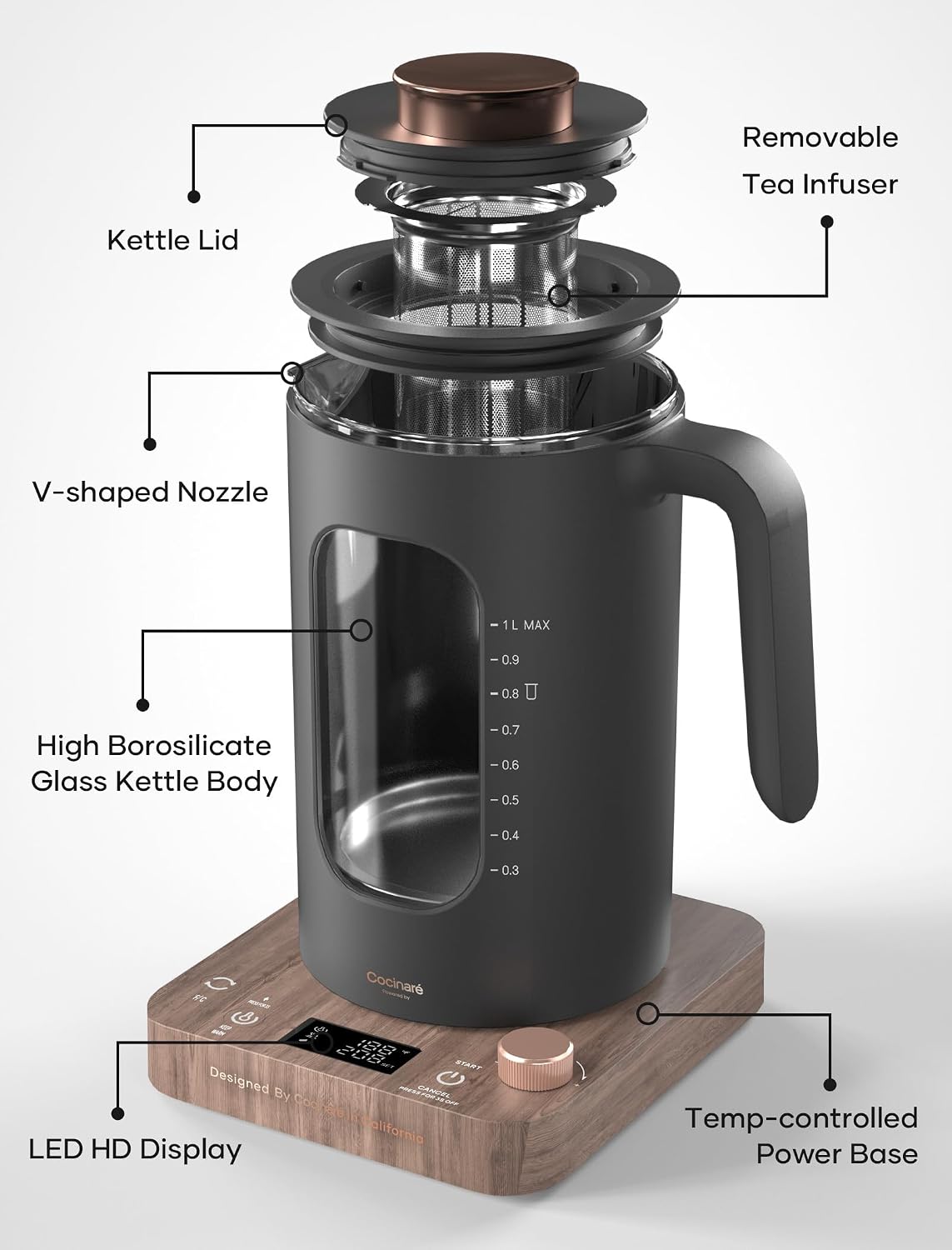 INTASTING Electric Tea Kettle with Infuser, ±1℉ Temperature Control, 1L