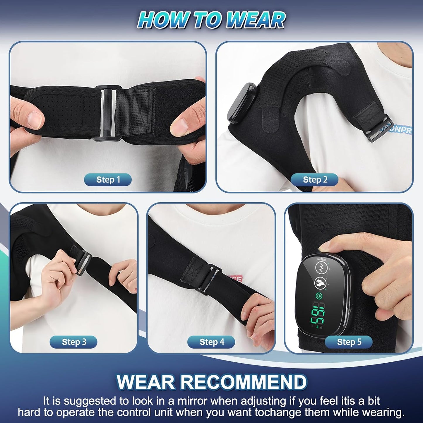 Cordless Heated Shoulder Brace with Vibration, 3 Heat & Massage Settings, Shoulder Heating Pad for Pain Relief, Adjustable Shoulder Warmer for Men and Women(Grey)