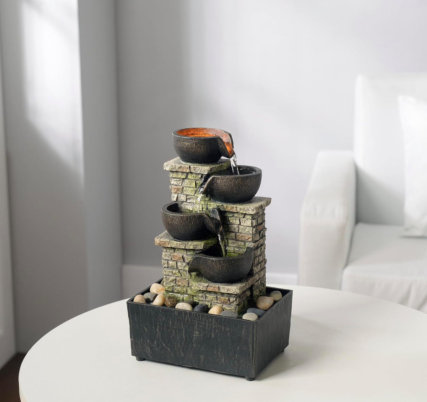 Haobos Indoor Tabletop Fountain 3-Tier Rockery Relaxation, Soothing Sound Home/Office/Bed Room Decor,Gifts for Mom/Grandma Relaxing Waterfall Meditation Tabletop Fountain LED Lights