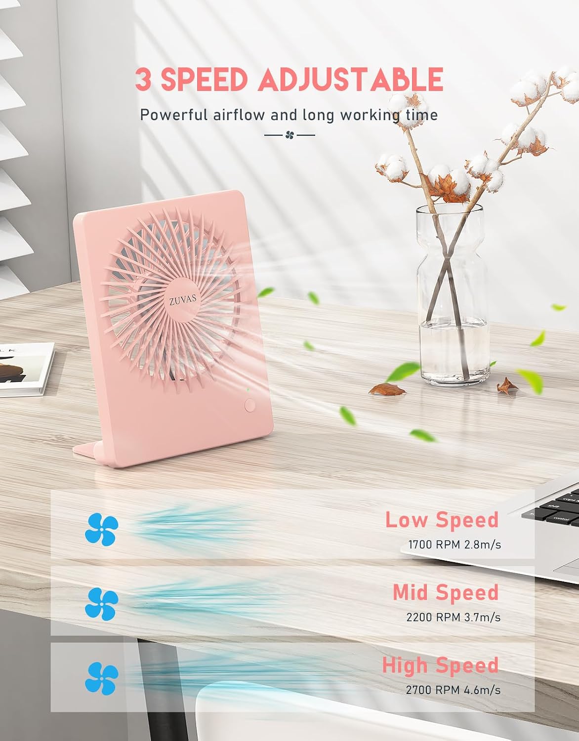 Zuvas Desk Fan Battery Operated Fan Rechargeable 180°Tilt Folding Personal Fan Ultra Quiet Small Portable 3 Speed Adjustable Strong Wind Fan For Office Bedroom Home Desktop Camping (White)