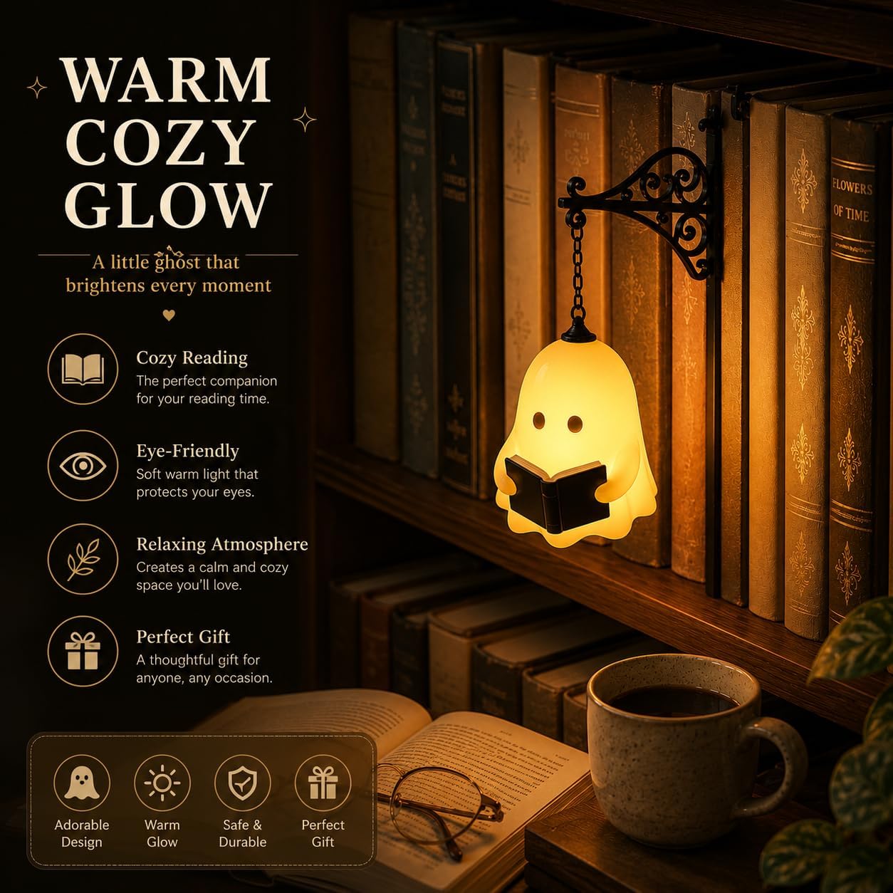 Library Lantern-Decorative Bookshelf Lighting, Mini Bookshelf Lamp Slides Between Books, Warm Amber LED Nook Light & Bookshelf Lantern for Book Nook, Shelf Decor Gift for Book Lovers(Reading Ghost)
