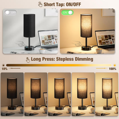 Touch Bedside Table Lamp with Memory - Stepless Dimmable Lamp for Bedroom, Small Nightstand Lamp with Dual USB Charging Ports and AC Outlet, Wood Night Light, Desk Lamp for Nursery, Living Room, Dorm
