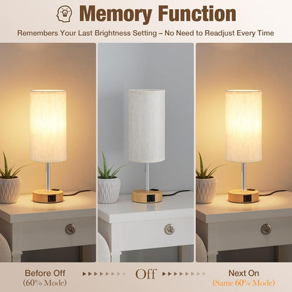 Touch Bedside Table Lamp with Memory - Stepless Dimmable Lamp for Bedroom, Small Nightstand Lamp with Dual USB Charging Ports and AC Outlet, Wood Night Light, Desk Lamp for Nursery, Living Room, Dorm