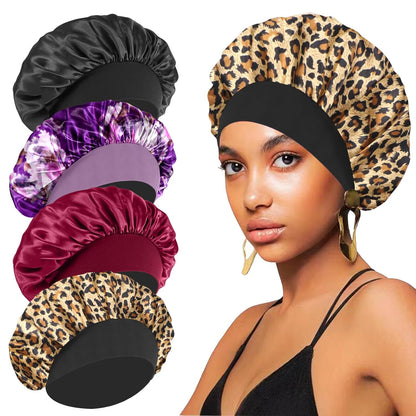 4PCS Silk Satin Bonnets for Black Women & Men - Elastic Wide Band Hair Wrap Cap for Curly Hair - Shower Cap for Sleeping (Black, Peacock Blue, Pink, Khaki)