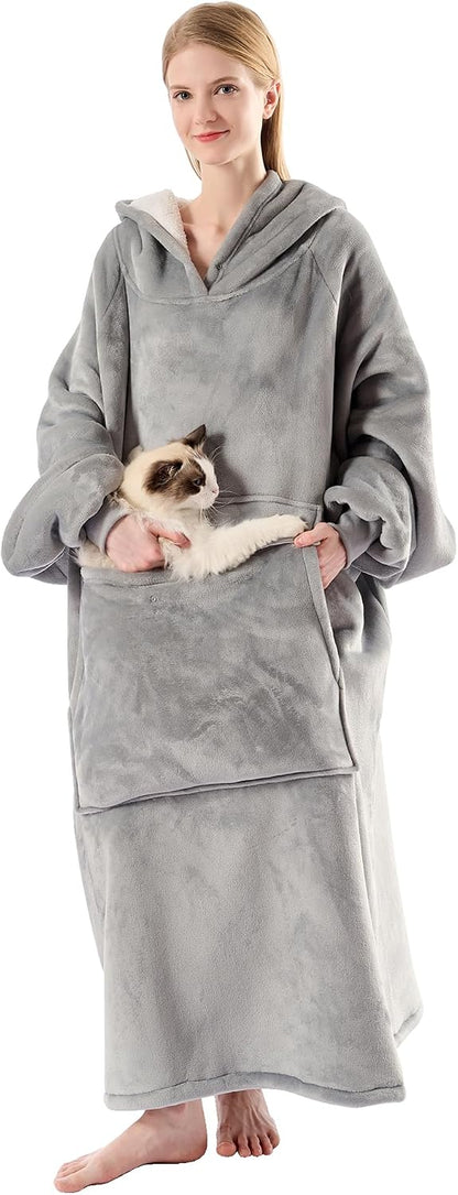 Krifey Wearable Blanket Hoodie, Oversized Sherpa Hooded Blanket for Adults | Soft sherpa fleece with sleeves and pocket; oversized fit for lounging, WFH, camping, Christmas and white elephant gifts.