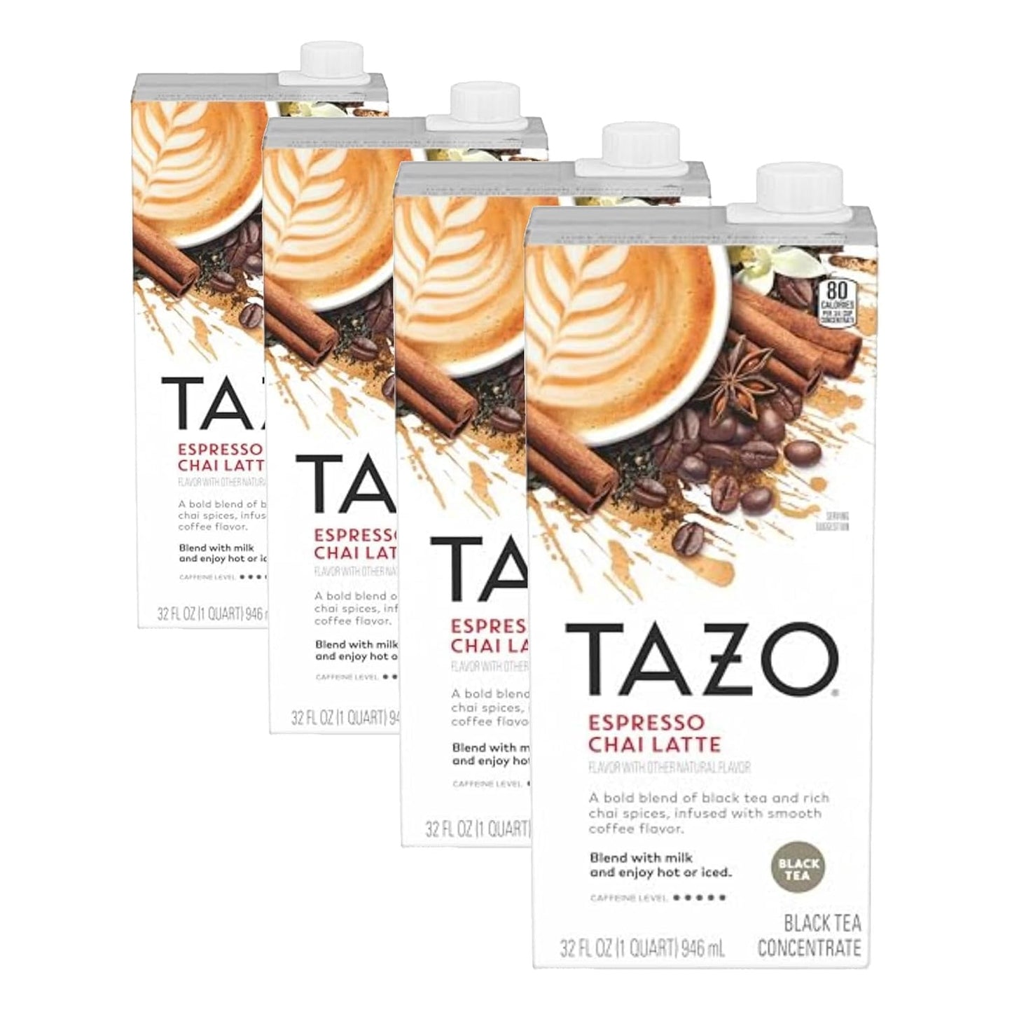 TAZO Espresso Chai Latte, Black Tea Concentrate, Easy to Serve Espresso Chai Tea for Everyday Cafe Style Lattes, Hot or Iced Coffee-like experience, Barista Approved, 32oz Tea Mix Carton