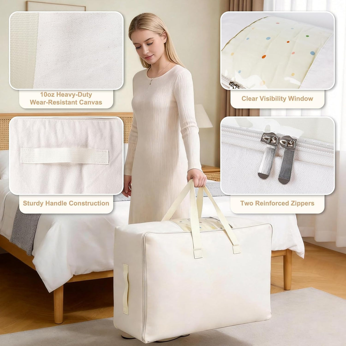 Soft Large Canvas Storage Bags with Zipper. Thick Breathable. Four Carrying Handles and Window. Cotton Linen Storage for Pillows, Quilt, Blankets and Comforter, 80L, Beige