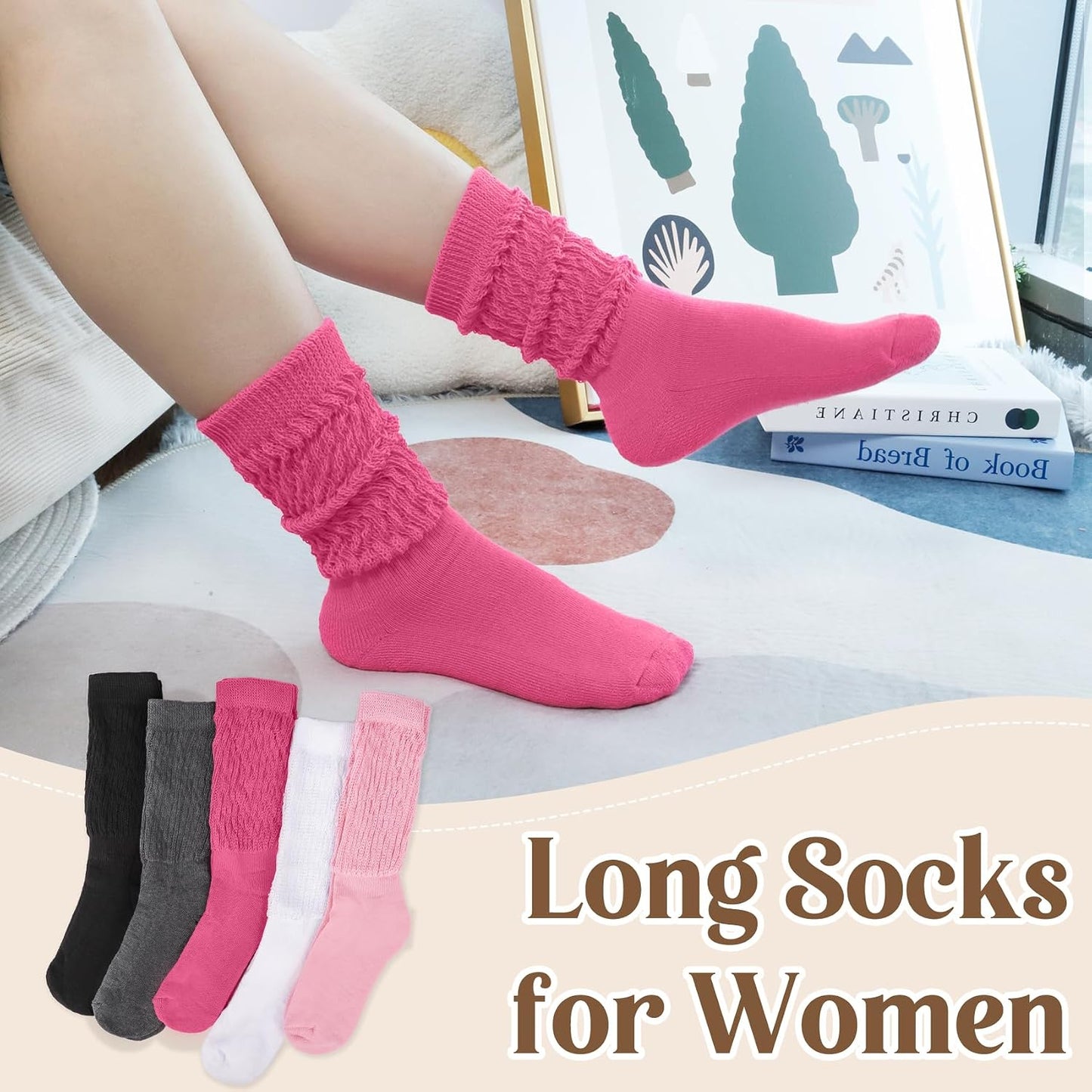 Justay 5 Pairs Slouchy Socks for Women - Slouch Long Crew Knit Boot Athletic Calf Tube Scrunch Socks