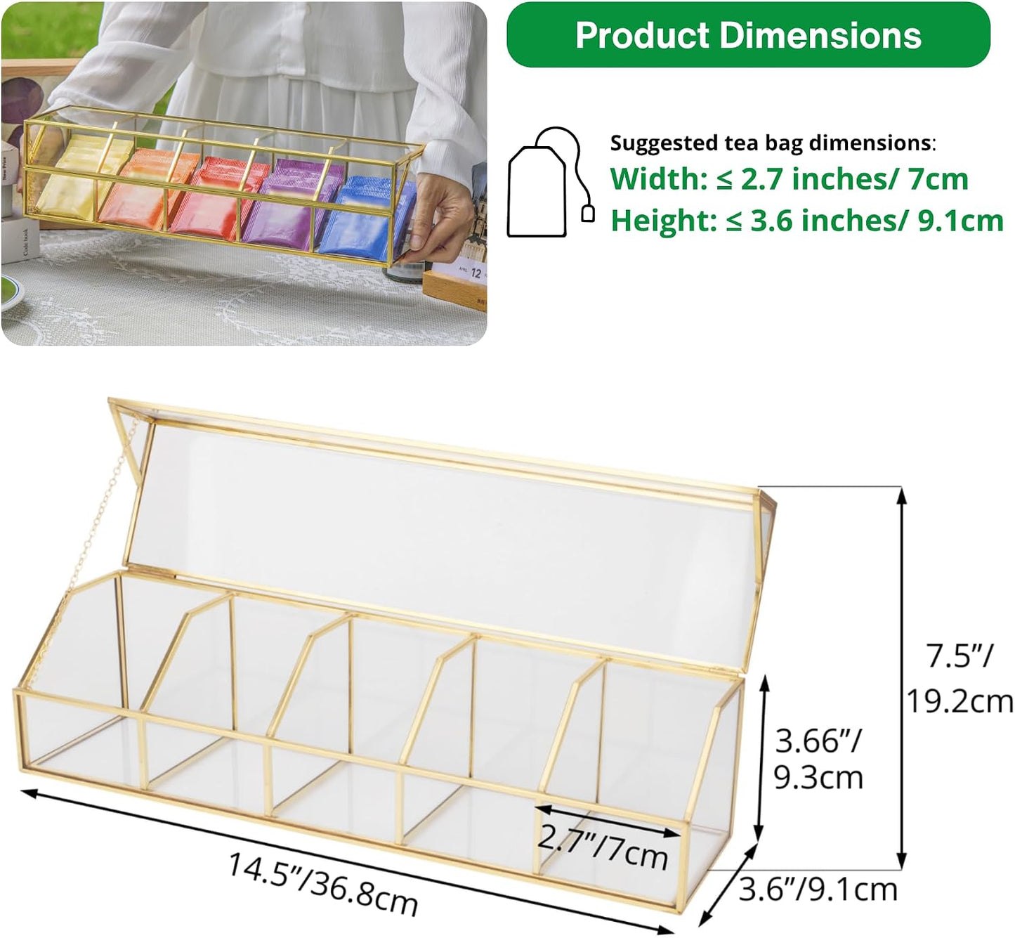 NCYP Glass Tea Bags Organizer with 5 Grids Compartments, Indoor Counter Top Brass Display Case with Lid, Storage Box, Gold, Decor, Teabag Storage, 14.5 x 3.6 x 3.66 Inches (Glass Box Only)
