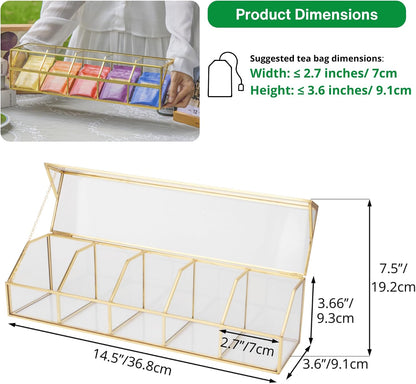 NCYP Glass Tea Bags Organizer with 5 Grids Compartments, Indoor Counter Top Brass Display Case with Lid, Storage Box, Gold, Decor, Teabag Storage, 14.5 x 3.6 x 3.66 Inches (Glass Box Only)