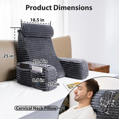 ENITYA 22" XL Back Pillow for Bed Sitting Up, Reading Pillow with Armrests & Big Pockets, Soft Back Support Chair, Ideal for Watching TV, Gaming, Nursing, Resting, Post Surgery, Dark Grey