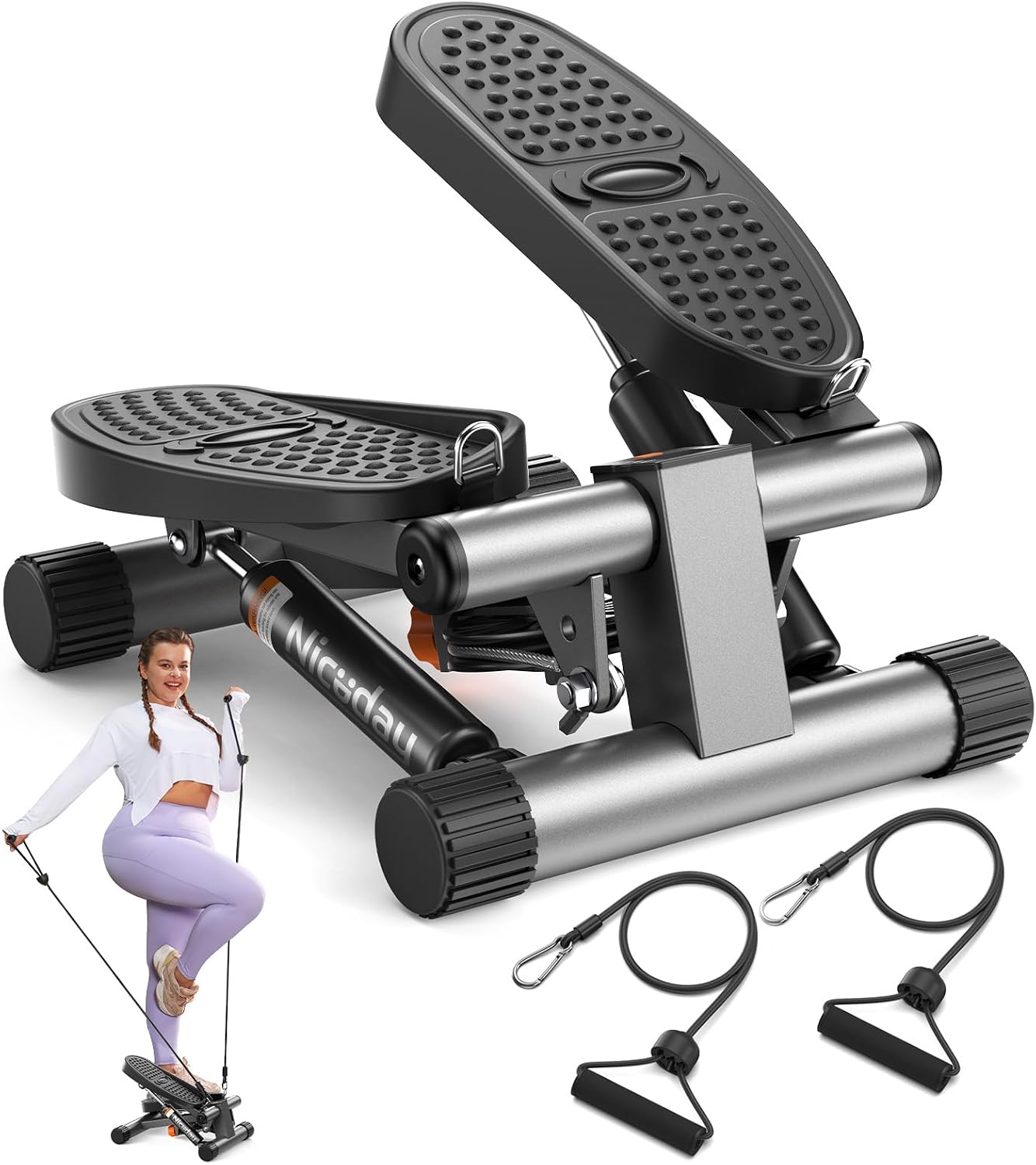 Niceday Steppers for Exercise, Stair Stepper with Resistance Bands, Mini Stepper with 300LBS Loading Capacity, Hydraulic Fitness Stepper with LCD Monitor