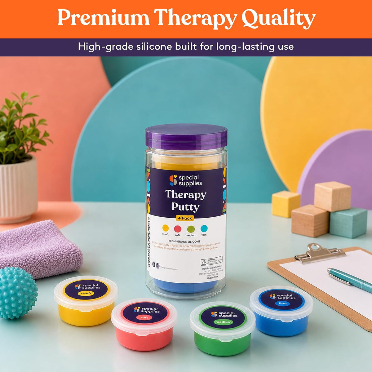 Special Supplies Therapy Putty for Kids and Adults - Resistive Hand Exercise Stress Relief Therapy Putty Kit, Set of 4 Strengths, Three Ounces of Each Putty
