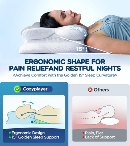 Cozyplayer True Cooling Cervical Neck Pillow for Pain Relief, Ergonomic Side Sleeper Pillow for Neck Support, Odorless Orthopedic Contour Memory Foam Pillows, Bed Pillow for Back Stomach Sleeper