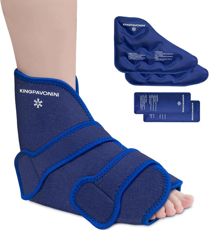 KingPavonini Ankle Foot Ice Pack Wrap for Sprained Ankle/Surgery Recovery, Reusable Gel Ice Packs for Feet Injuries, Plantar Fasciitis, Achilles Tendonitis, Hot/Cold Therapy, XL (1 Wrap+4 Gel Packs)