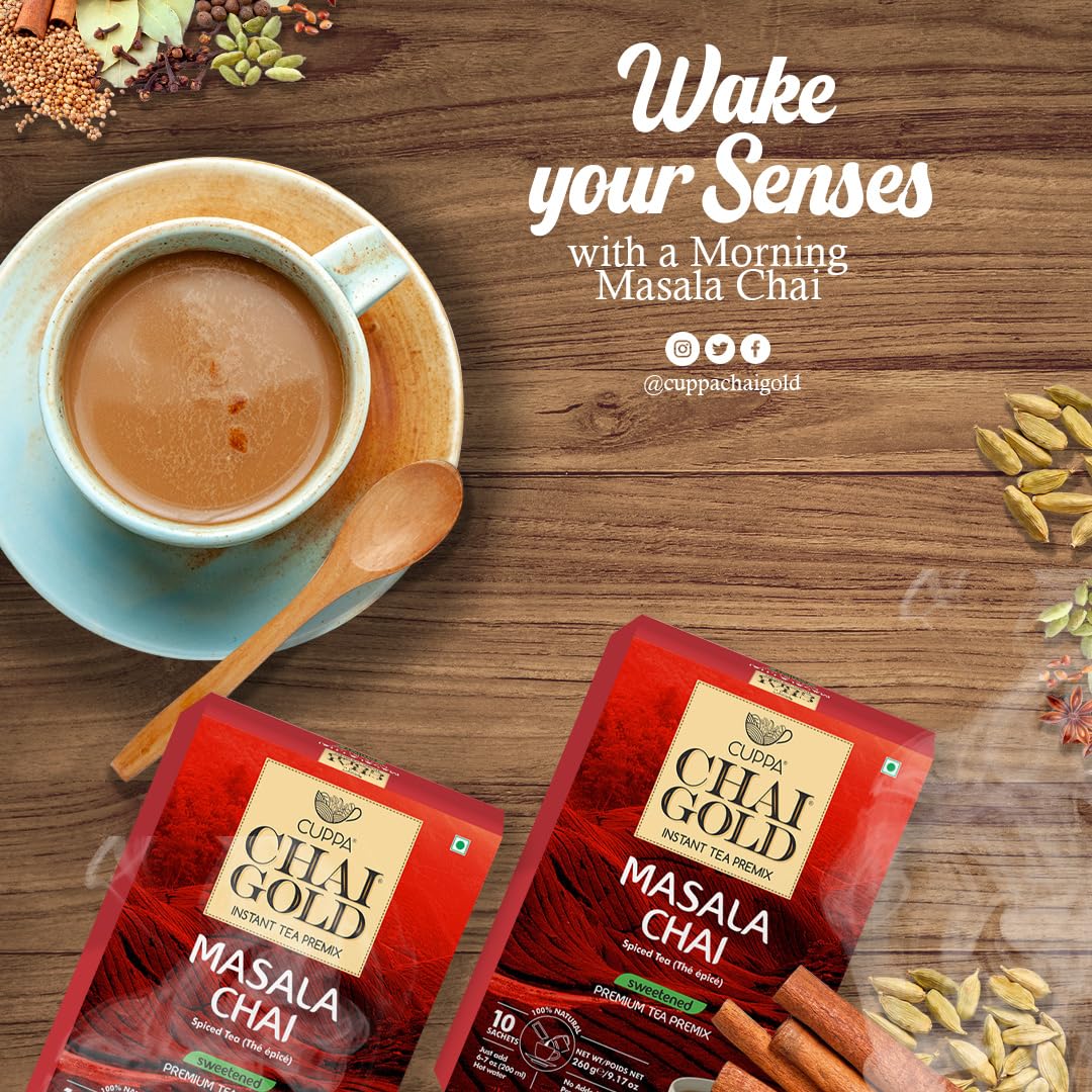 Cuppa Chai Gold Instant Masala Chai Latte Mix, Sweetened with Cane Sugar, Authentic Indian Spiced Tea, 10 Single-Serve Packets, Gluten Free, No Preservatives