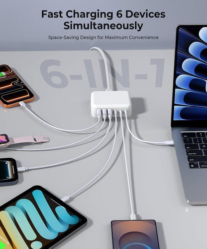 USB Fast Charger Block 50% Smaller 100W Max 6-Port GaN USB Charging Station