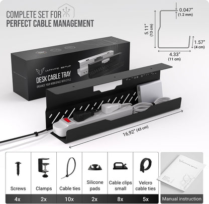 Under Desk Cable Management Tray no Drill – Wire Management - Cord Organizer – Huge Load Capacity – Under Desk Cable Tray no Drill (Black)