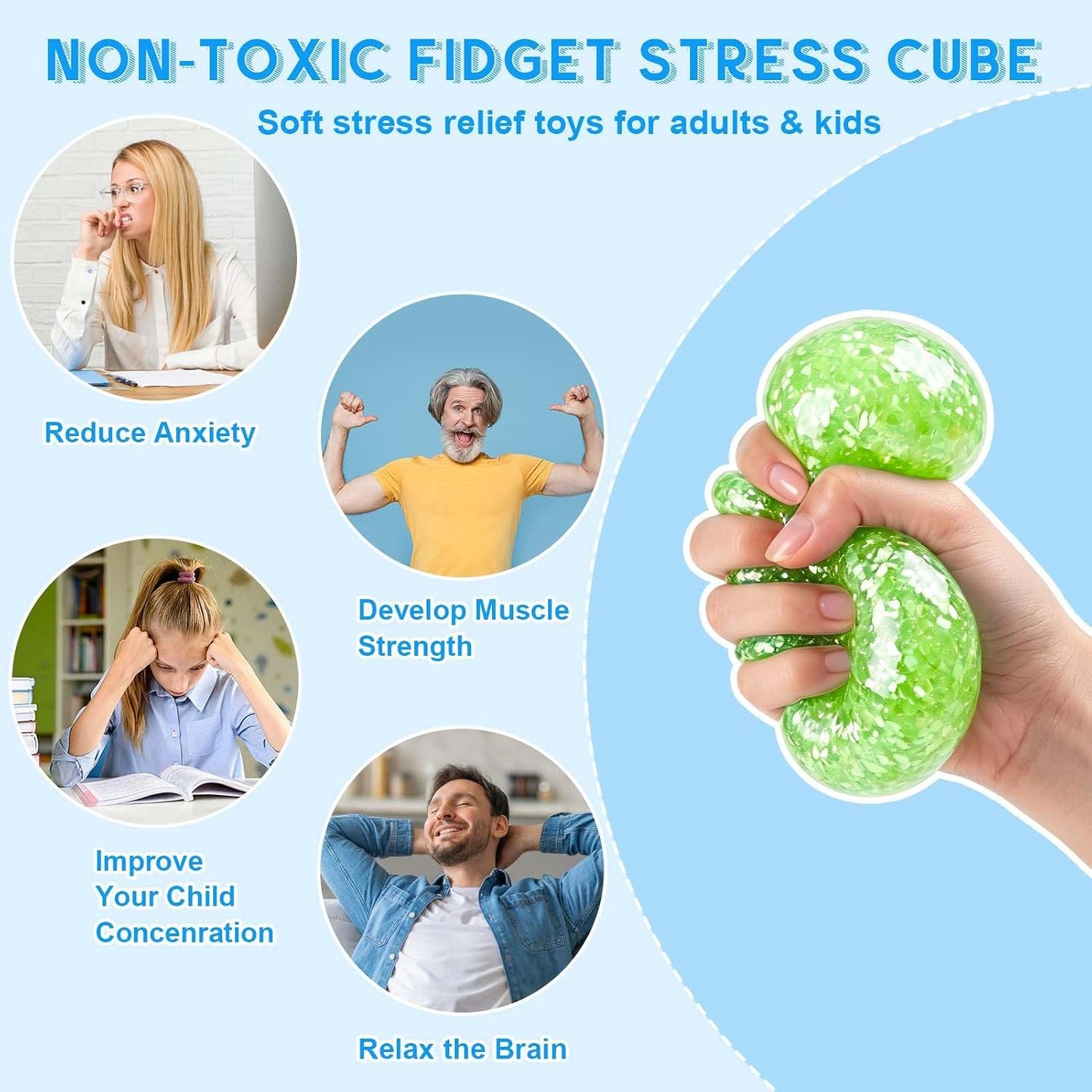 Square Squishy Squeeze Fidget Toys: Stress Relief Toys for Men Super Soft Slow Rising Cube - Sensory Desk Toys for Office Stress, Anxiety Relief & Focus - Cool Birthday Party Favors for Teens & Adults