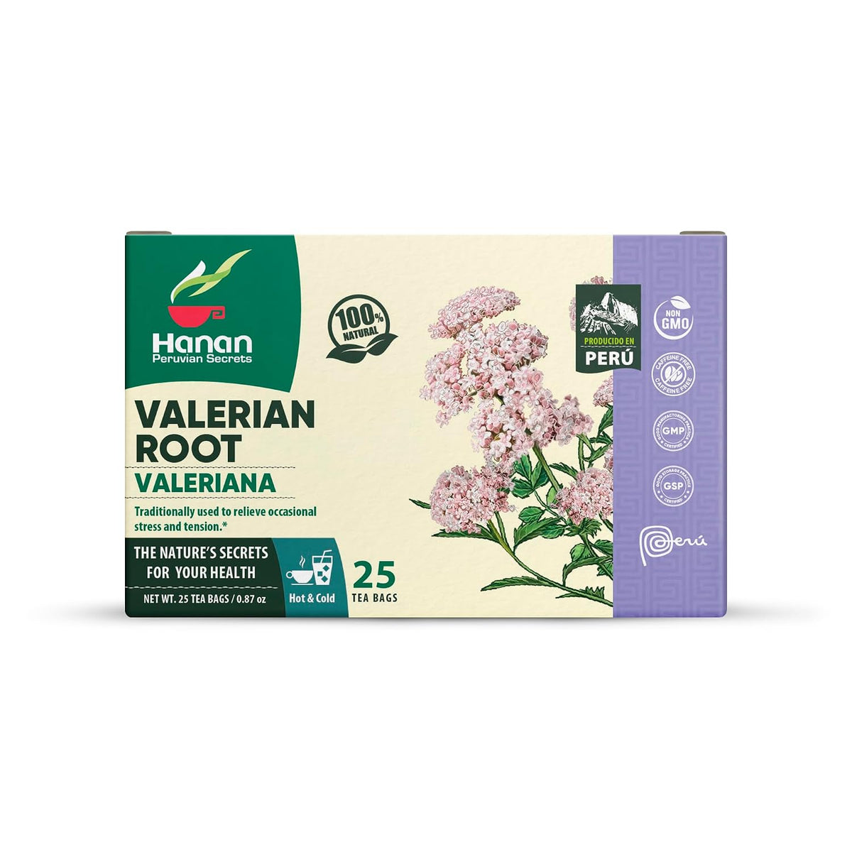 Hanan Peruvian Secrets Valeriana Herbal Tea | 100% Natural Valerian Root | 25 Tea Bags | Naturally Aids in Relieving Occasional Stress, Tension | Safely Promotes Sleep and Relaxation