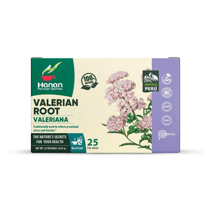 Hanan Peruvian Secrets Valeriana Herbal Tea | 100% Natural Valerian Root | 25 Tea Bags | Naturally Aids in Relieving Occasional Stress, Tension | Safely Promotes Sleep and Relaxation
