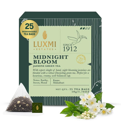 Luxmi Estates Midnight Bloom Jasmine Darjeeling Green Tea | 25 Biodegradable Tea Bags, 50g/1.76 oz
