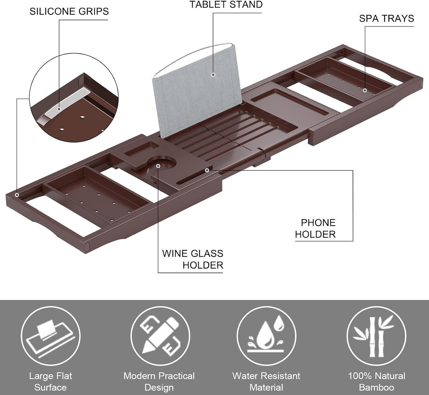 Expandable Bamboo Bathtub Caddy Tray for Luxury Bath
