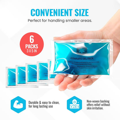 ICEWRAPS Hot & Cold Ice Packs, 3 x 5 in Soft Reusable Gel Packs for Injuries, Headaches, Joints, and Fever Relief, Puncture-Proof Material, 6 Pack, FSA-HSA Eligible