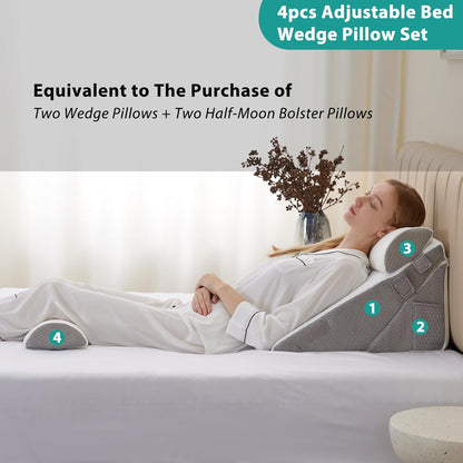 Bedluxe Wedge Pillow Headboard, 3PCS Orthopedic Bed Wedge Pillows Set for After Surgery, Adjustable Pillow Wedge for Acid Reflux&Back Pain Relief, Sleeping, Back Pillow for Bed Sitting Up, White/Grey