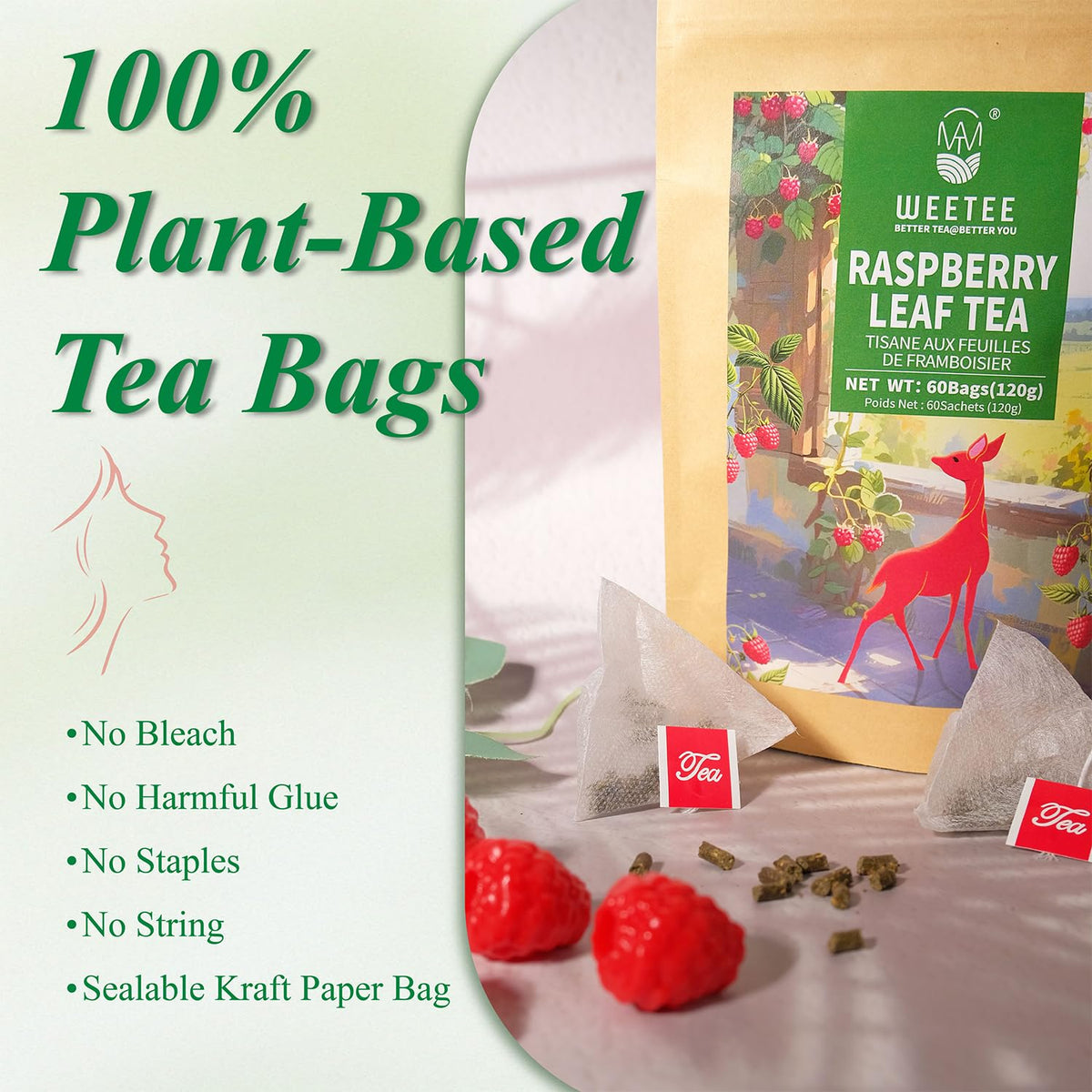 WT WEETEE Red Raspberry Leaf Tea Bags, 60 Count Corn Fibre, Caffeine-Free